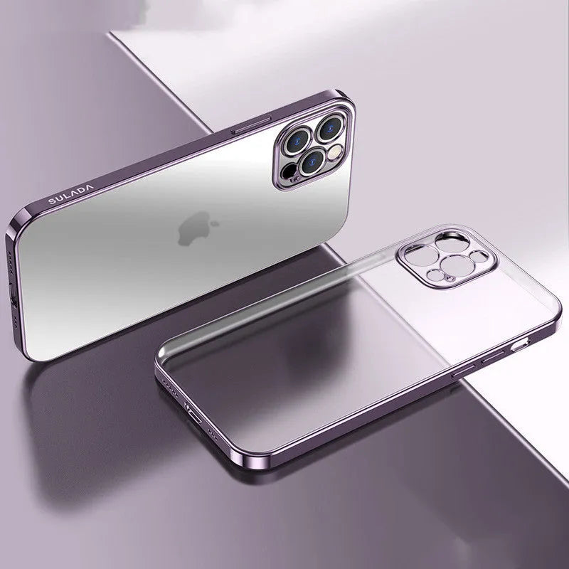 Transparent square frame silicone iPhone case showing phone colour through clear TPU material