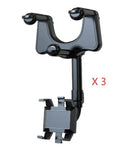 Black rearview mirror car phone holder showing 360-degree rotation and telescopic arm extended.