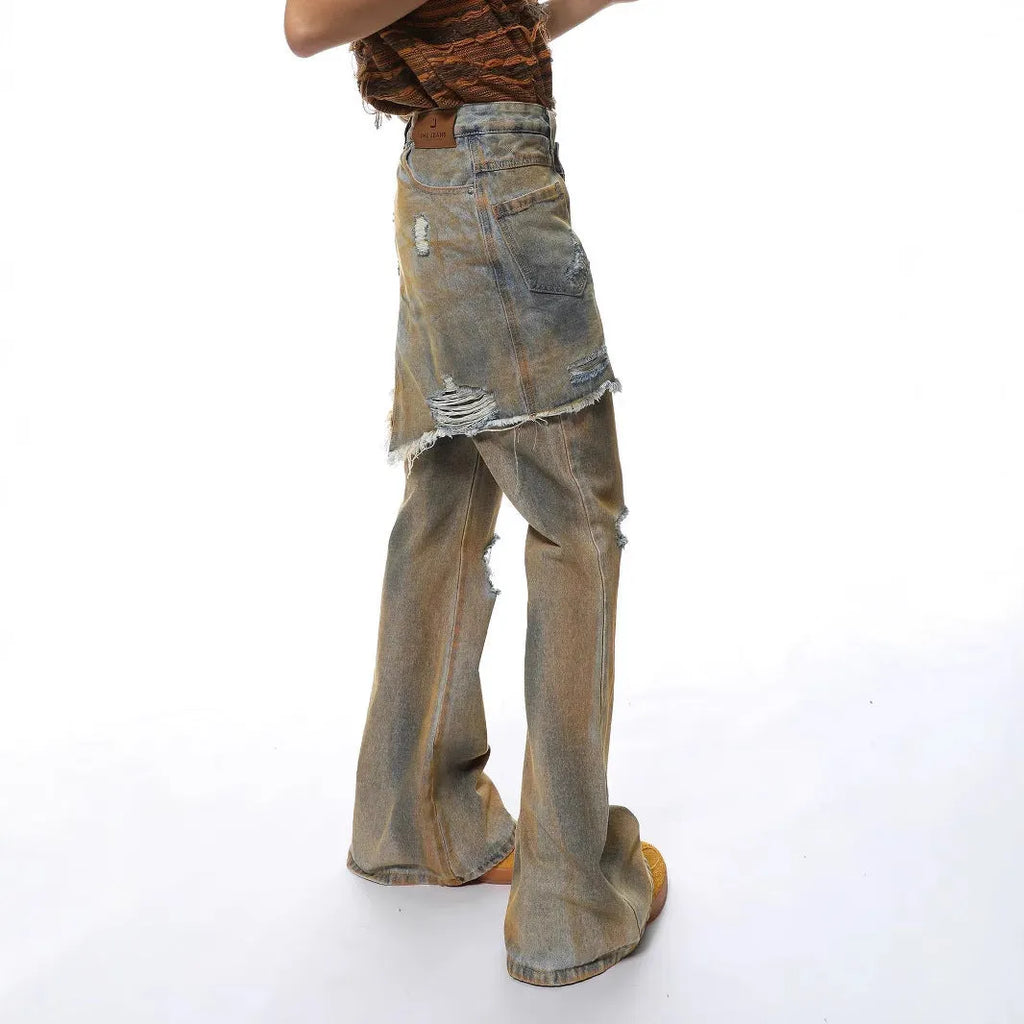 Loose hole bootcut denim pants with high waist and button fly in straight-leg style