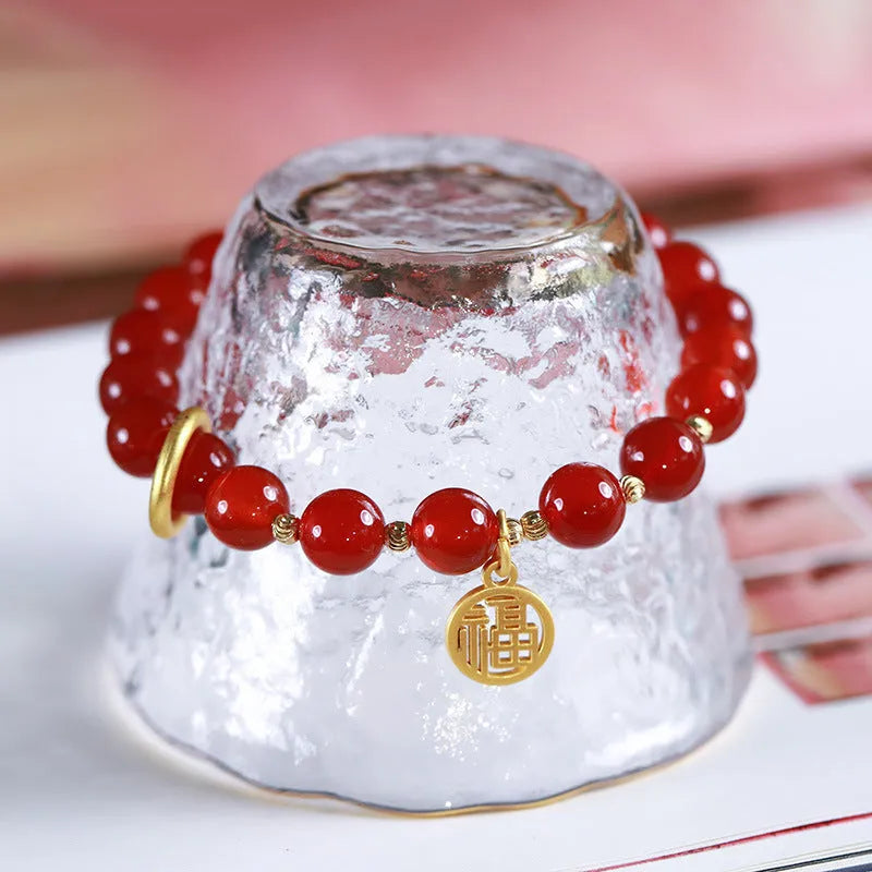 Natural red agate stone beaded bracelet with blessing card, available in 8mm or 10mm bead size.