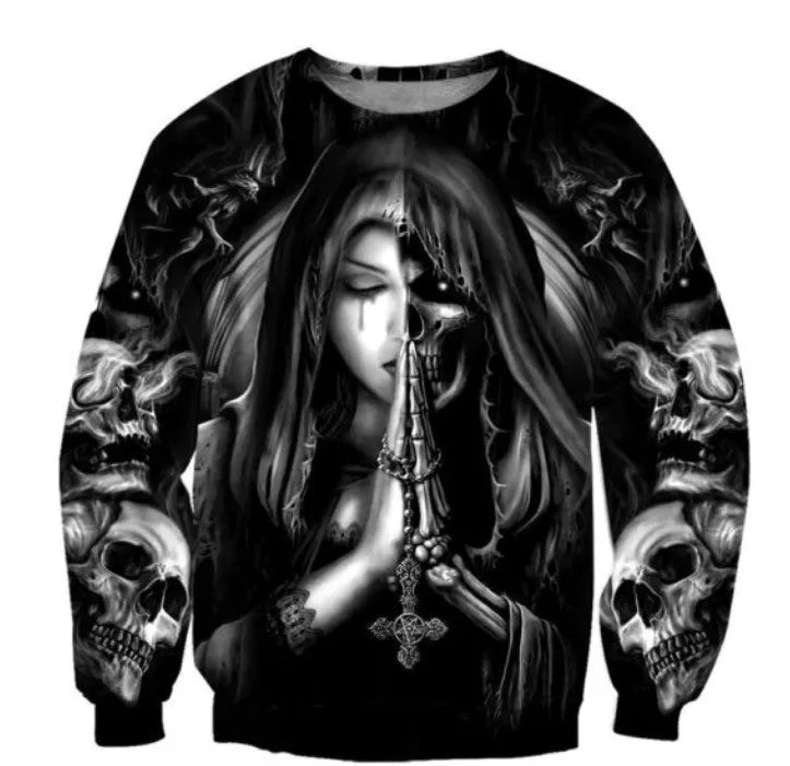 Halloween skull anime 3D printed hooded sweatshirt in one of three colour styles, shown on a model