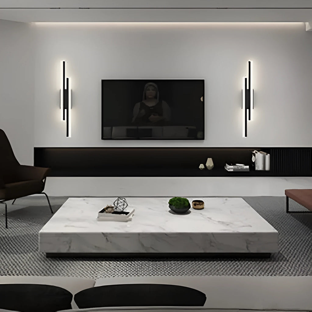 Minimalist Scandinavian-style acrylic LED wall lamp in black or gold, shown in left and right-handed orientations.