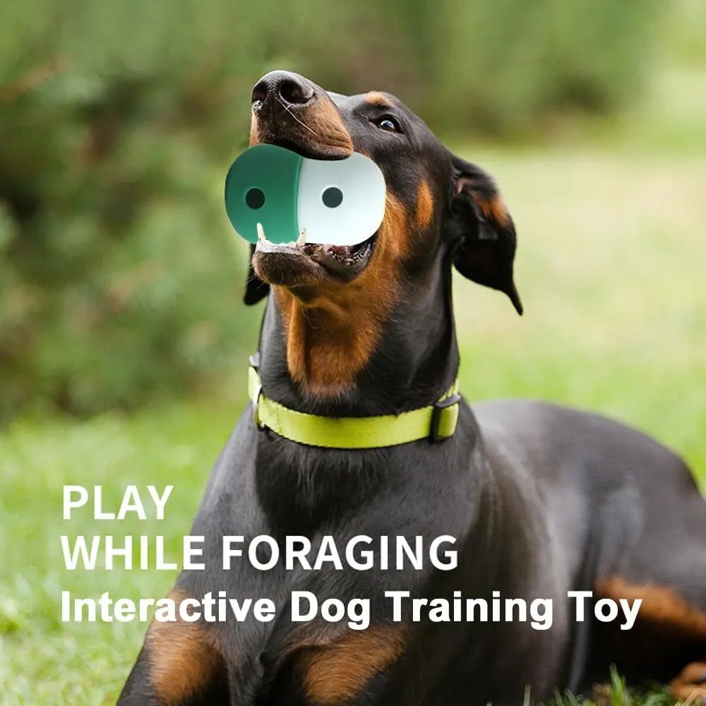 Food grade silicone dog treat dispensing puzzle ball in four colour combinations measuring 8×11cm