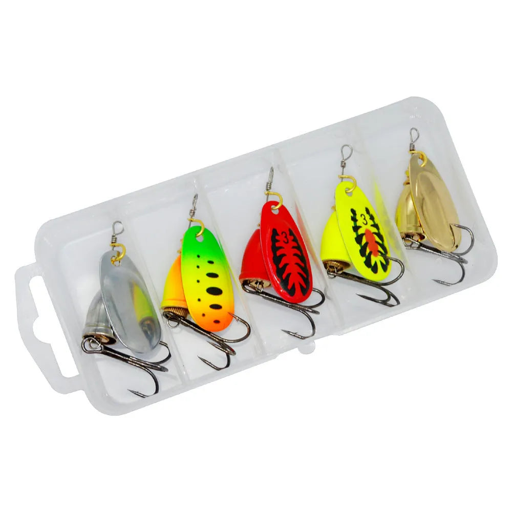 R Composite metal fishing lure with rotating sequins and copper bell in multiple colour options including gold, red, and silver.