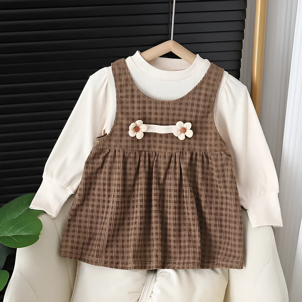 Baby girl wearing dark coffee plaid Korean style dress suit with matching shirt