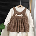 Baby girl wearing dark coffee plaid Korean style dress suit with matching shirt