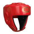 Red fully enclosed boxing helmet with jaw protection and vertical ventilation channels