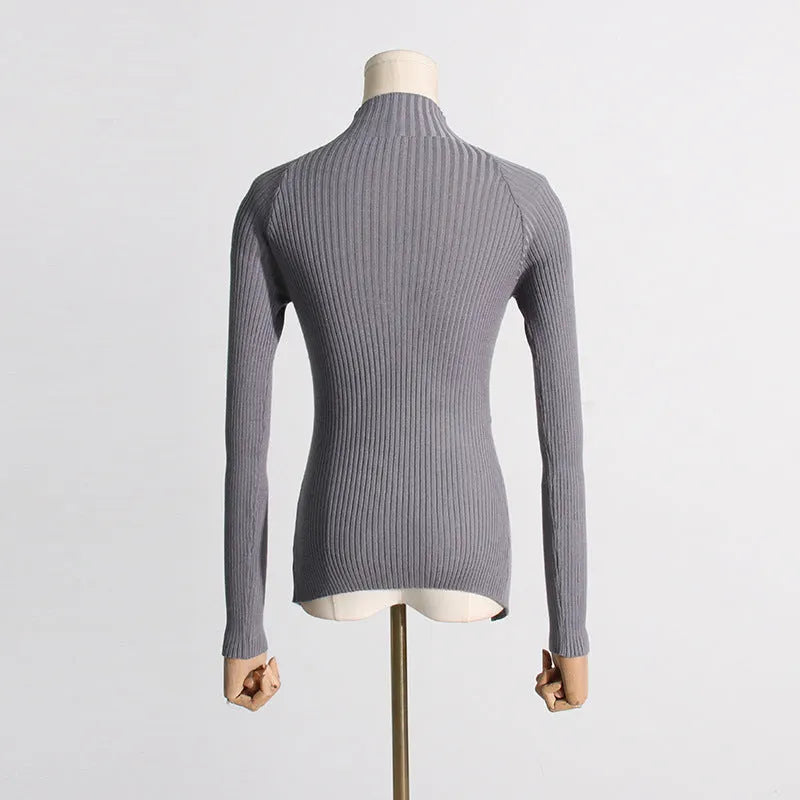 Women's slim fit twist knit pullover semi-high neck polyester top in gray, black, khaki, white