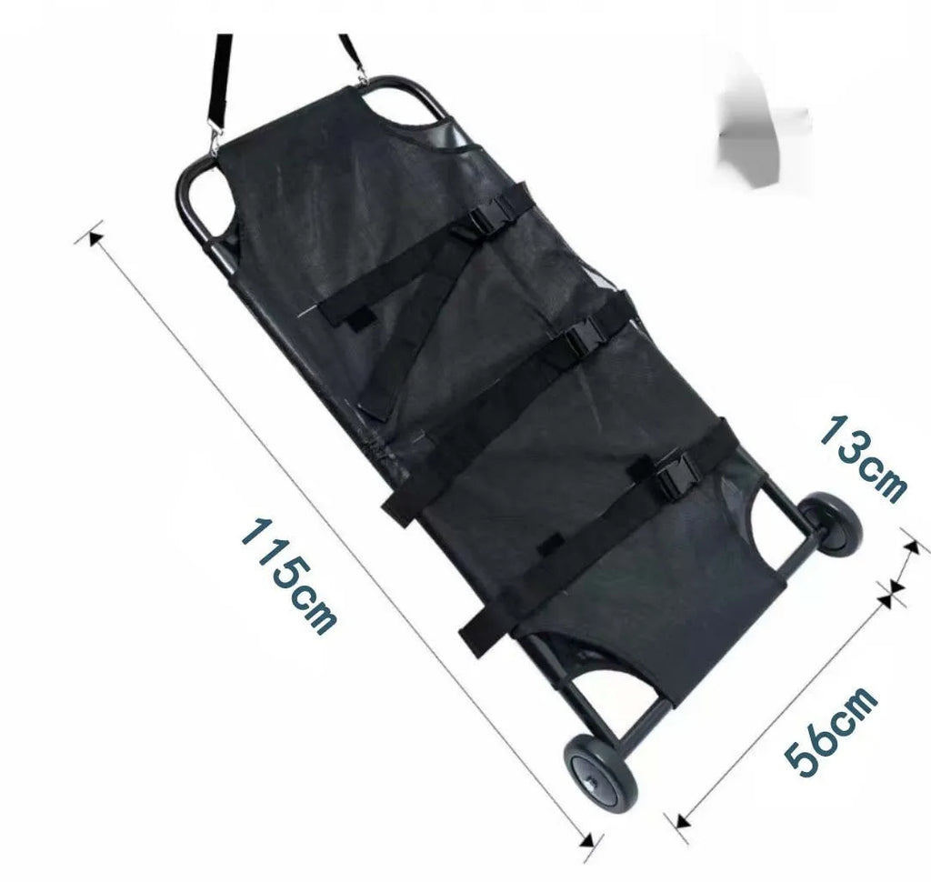 Black aluminium alloy folding pet stretcher for large dog emergency transport.
