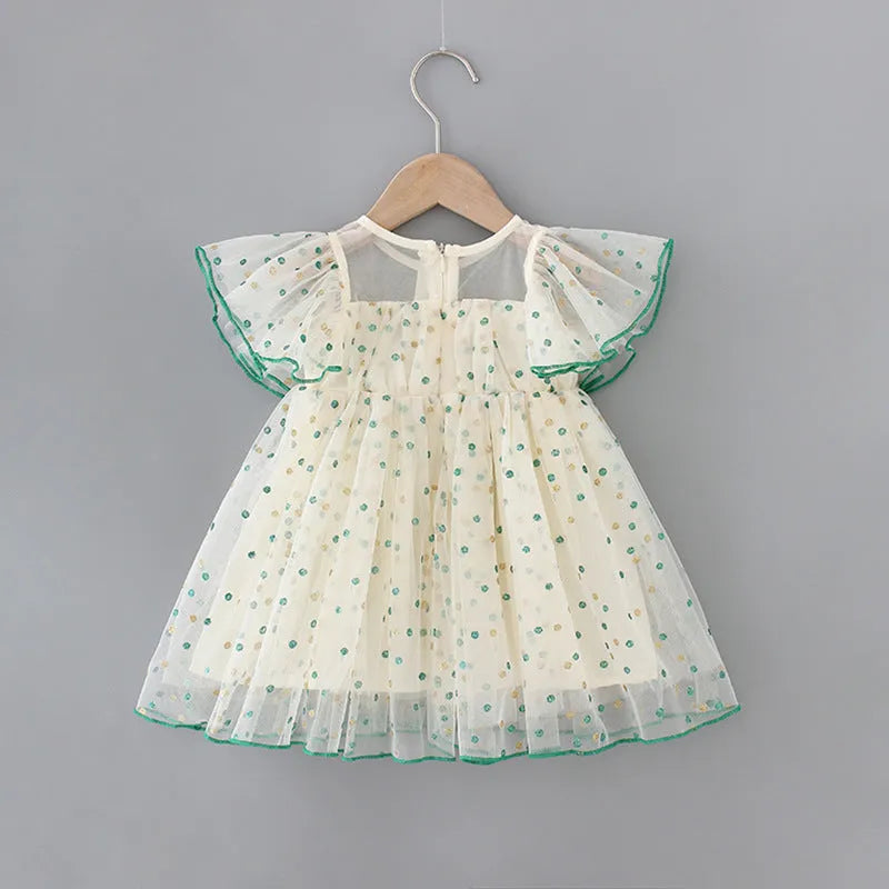 Children's green striped yellow cotton romper dress with sleeveless A-line skirt for girls 3-8 years