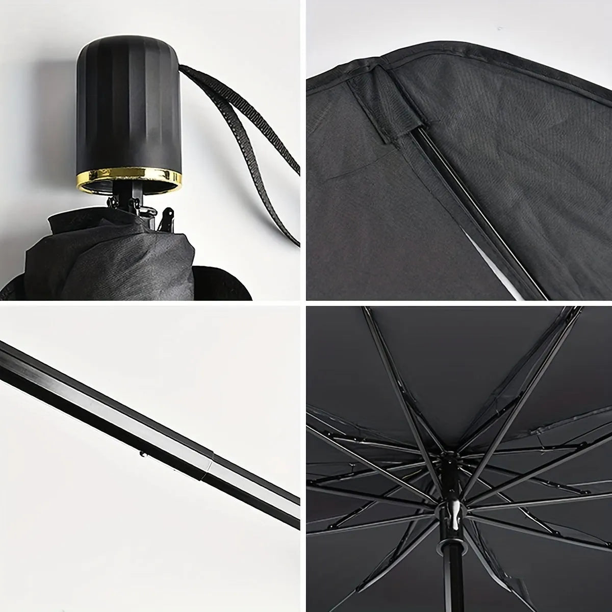 Open foldable car windshield sunshade umbrella placed against a car windscreen.