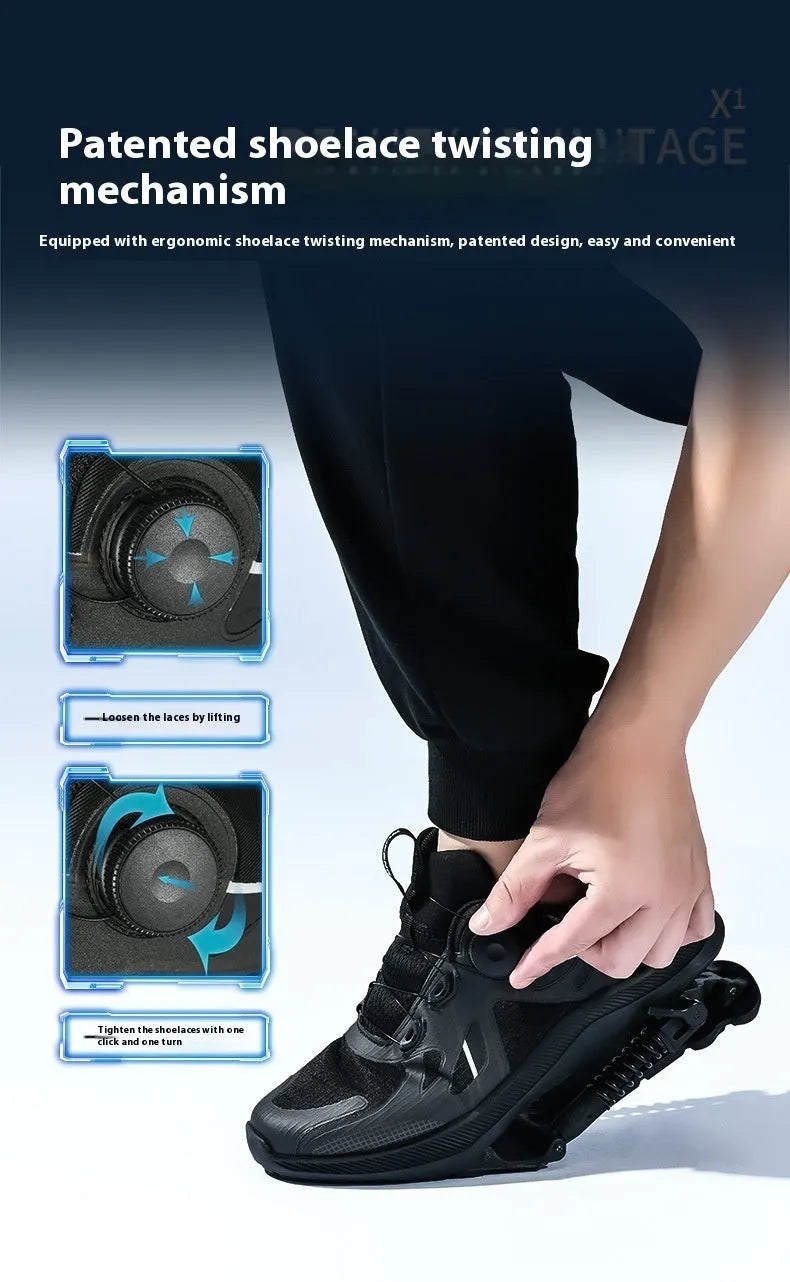 Black Tech running shoes with mesh upper, buckle fastening, and rubber sole on a white background.