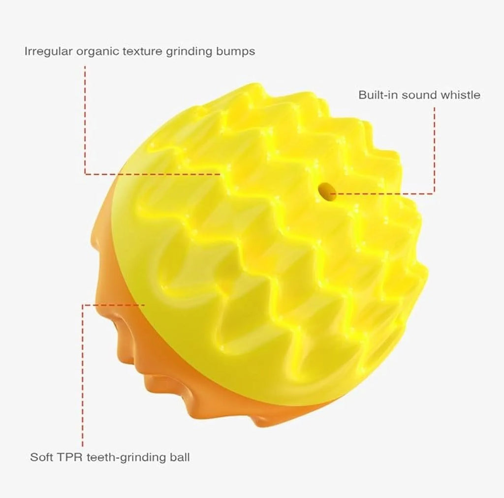 Blue or orange rubber dog ball with spiky surface for dental cleaning and squeaker inside