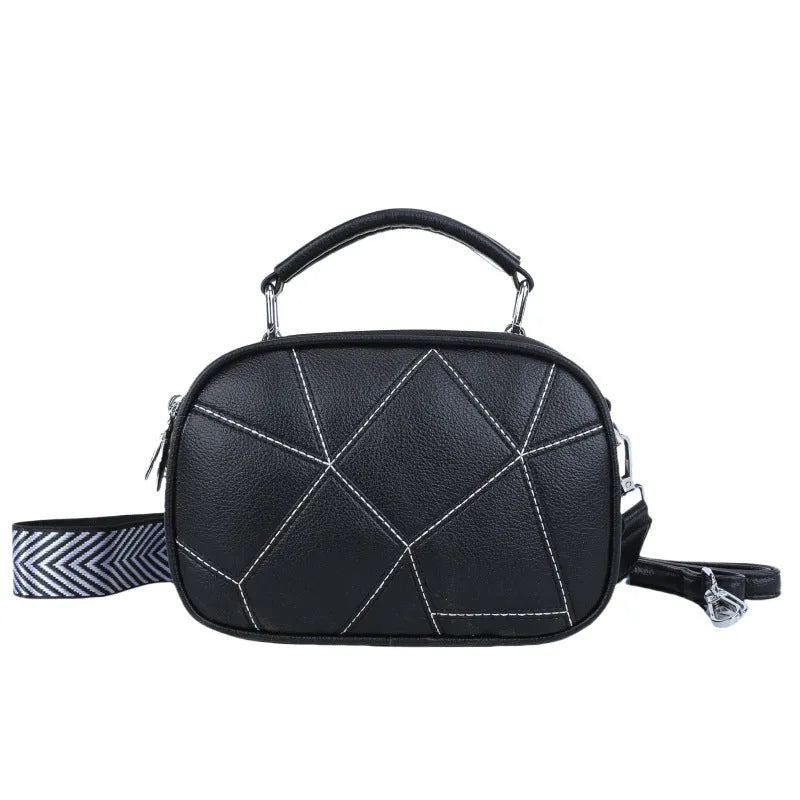 PU leather round small bag with three-layer retro patchwork design in 20x15cm size