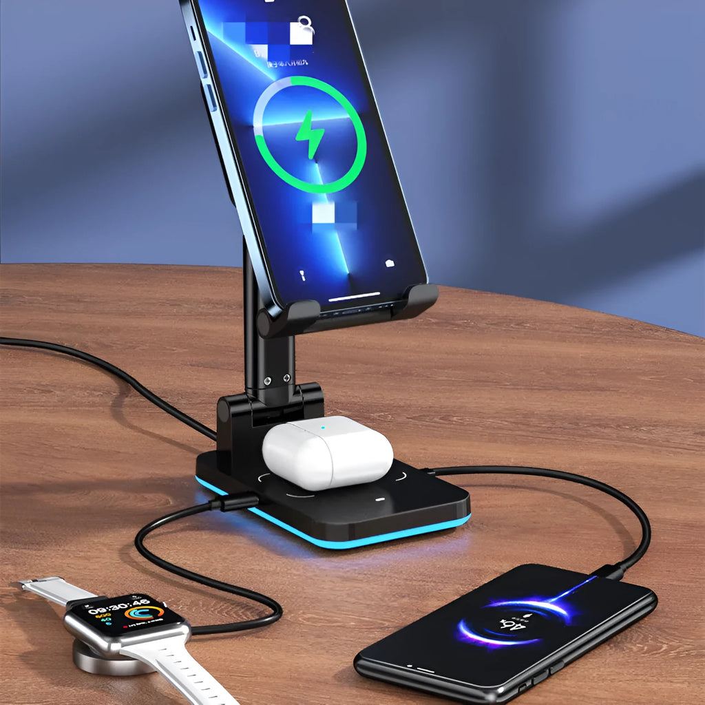 Cool black desktop wireless charging stand holding a mobile phone at an angle for viewing.