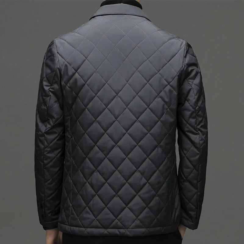 Men's solid colour down jacket with lapel collar and side seam pockets in winter cardigan style