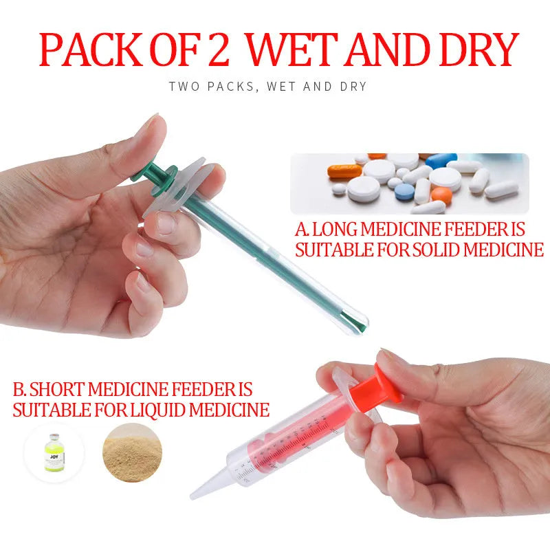 Two soft-tip pet pill shooter syringes for cats and dogs on a white background.