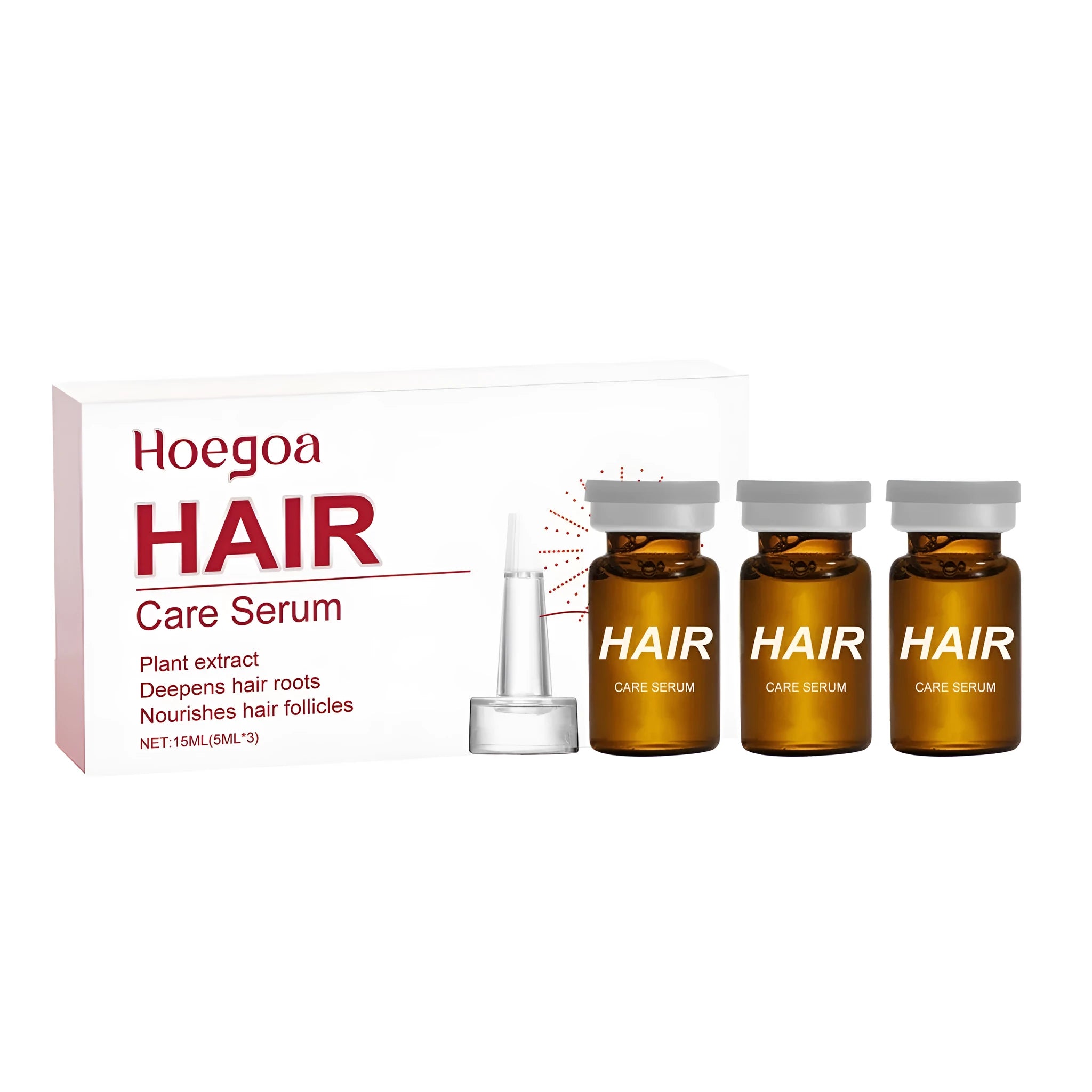 Three small 5ml bottles of botanical hair root liquid containing ginger, pumpkin seed, and rosemary oils.
