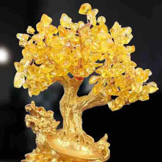 Citrine-coloured resin Feng Shui money tree ornament with small water turtle design