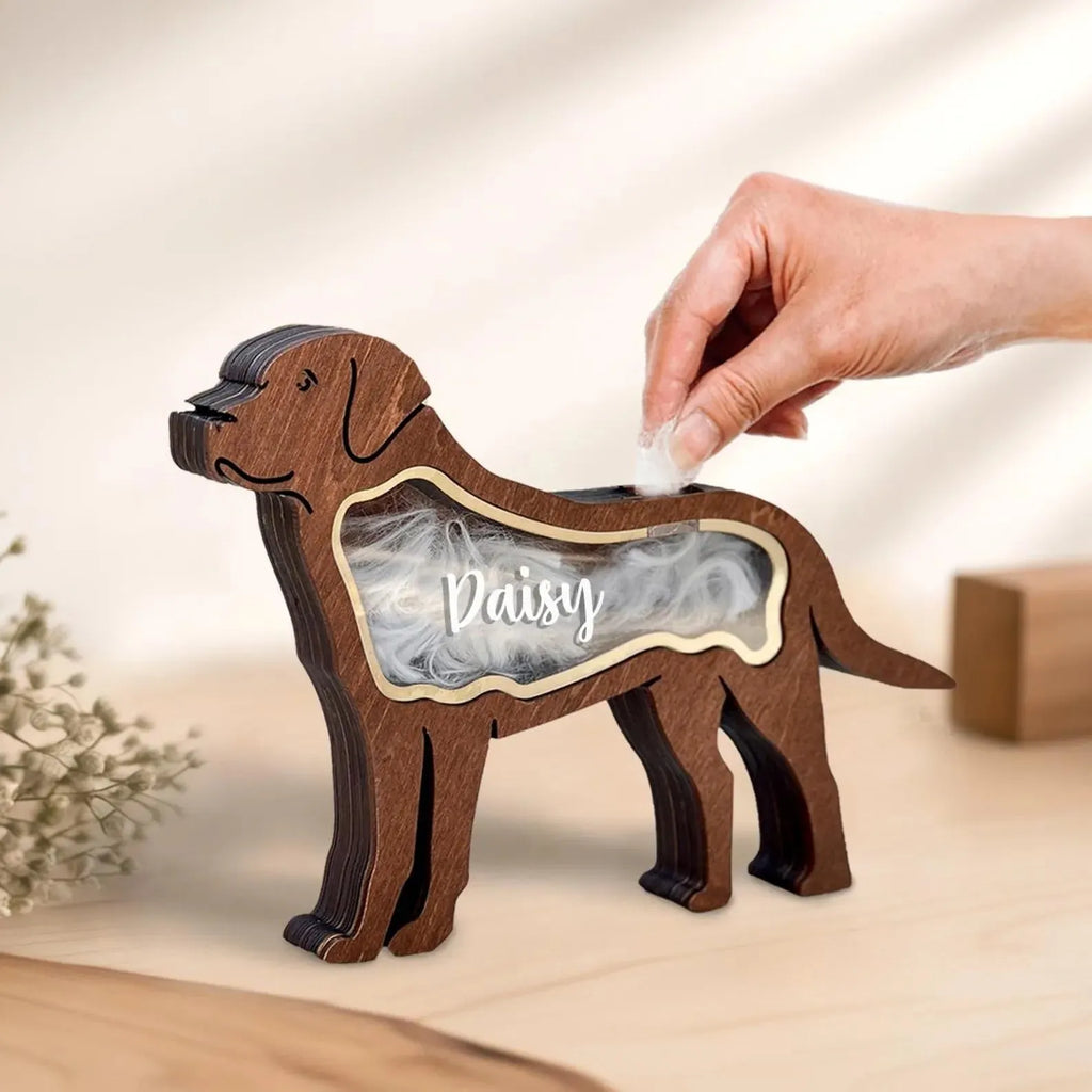 Black wooden pet hair storage box with C4 style design for organising grooming supplies