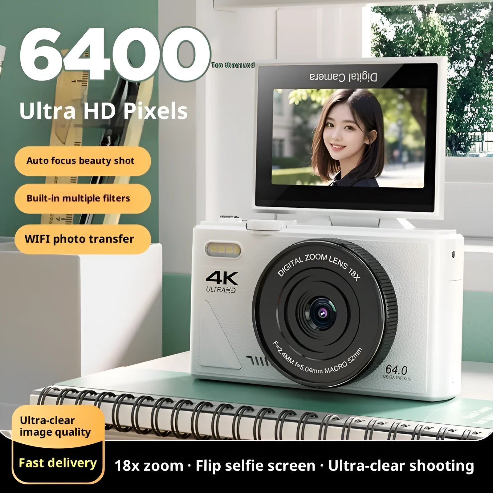 CCD camera HD digital camera with WiFi transmission in black, plastic body, Full HD screen