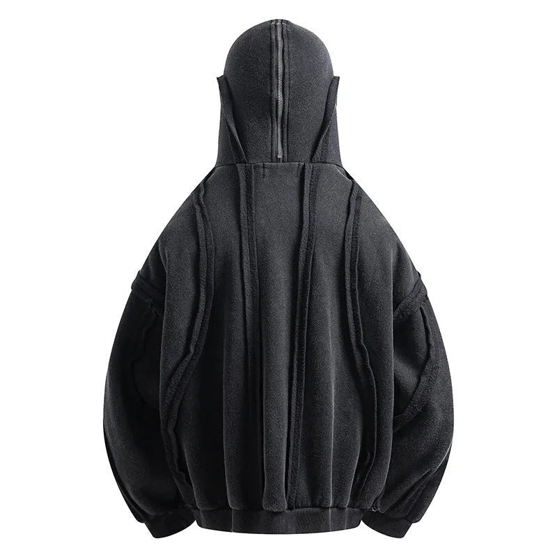 Black retro-style men's cotton padded coat with a zip front and hood on a loose fit.