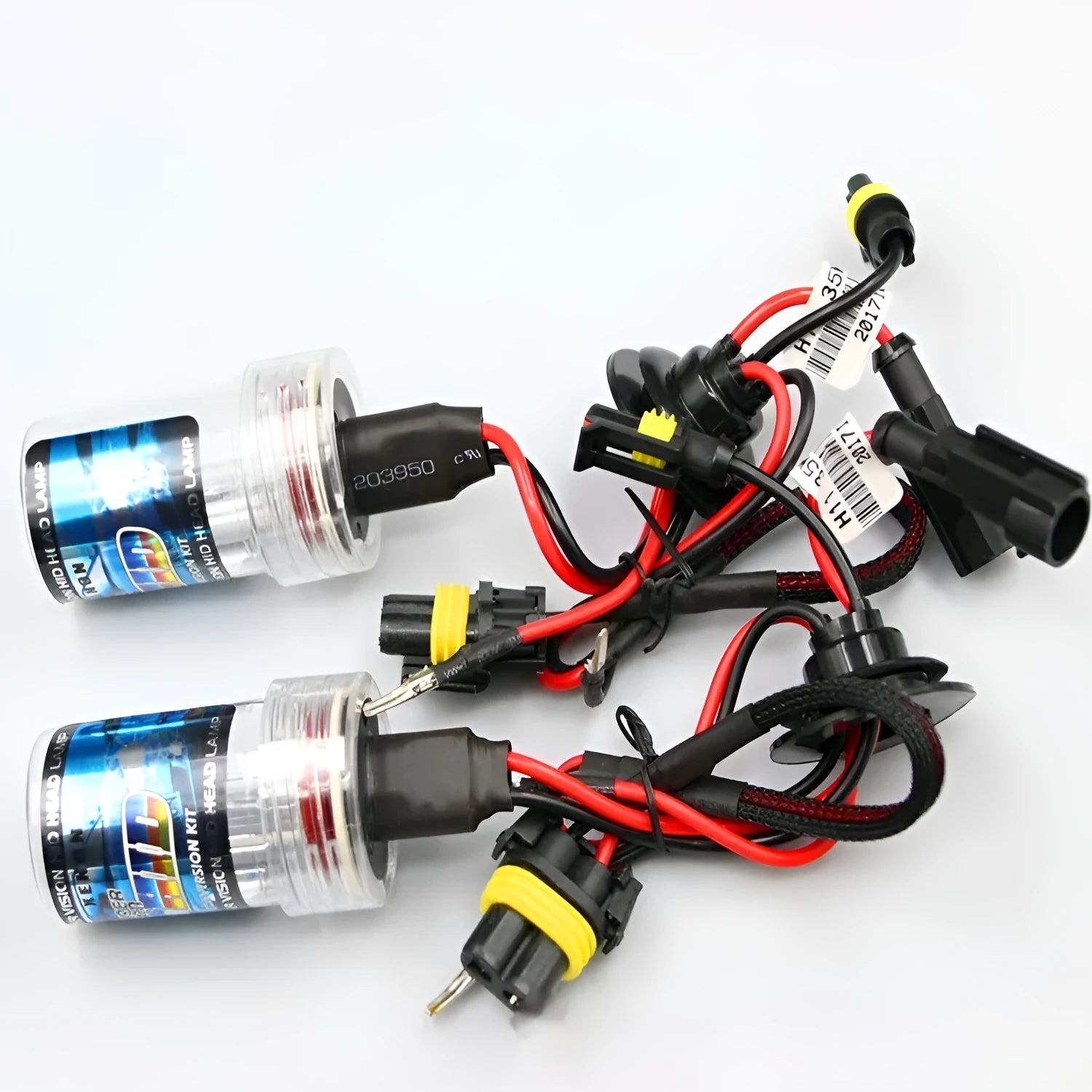 Single xenon headlight bulb for car with H1 H7 9005 type bases in white, yellow, or blue light options.