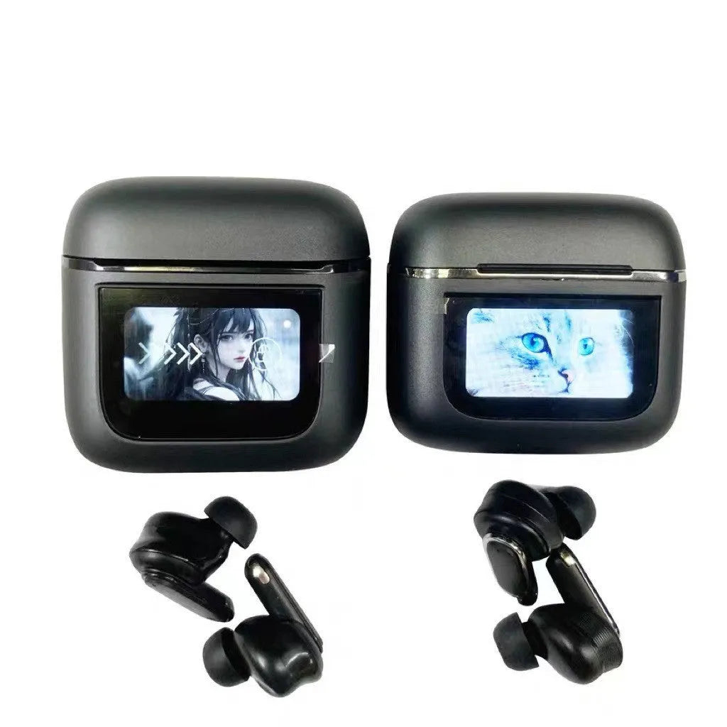 Touch screen active noise reduction Bluetooth headset in black with visible display on earpiece.