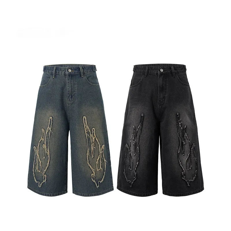 Men's black denim shorts with cropped flame embroidery detail on straight-leg summer casual shorts