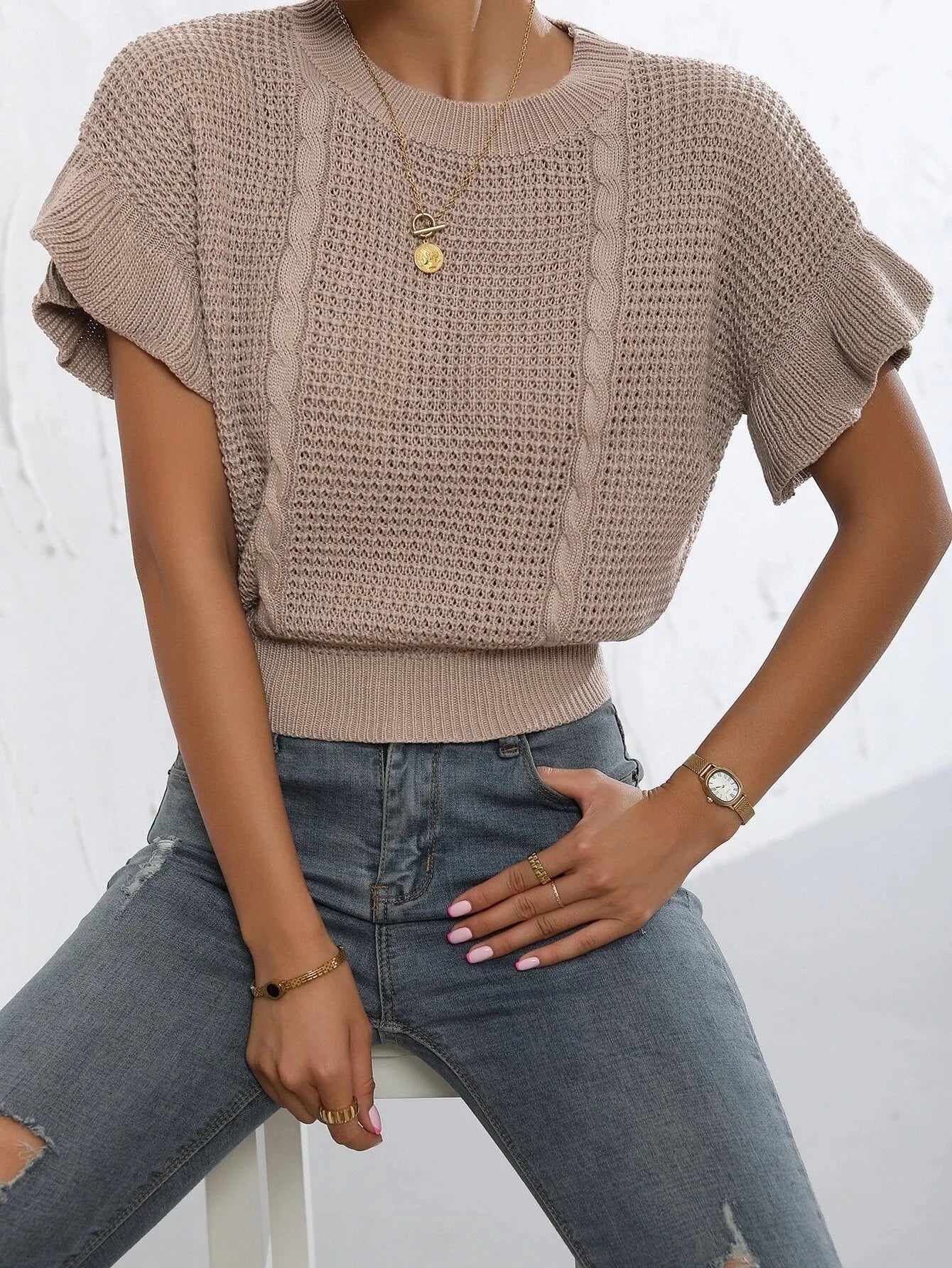 Twisted string pattern knitted sweater with ruffled short sleeves in loose Japanese Korean casual style