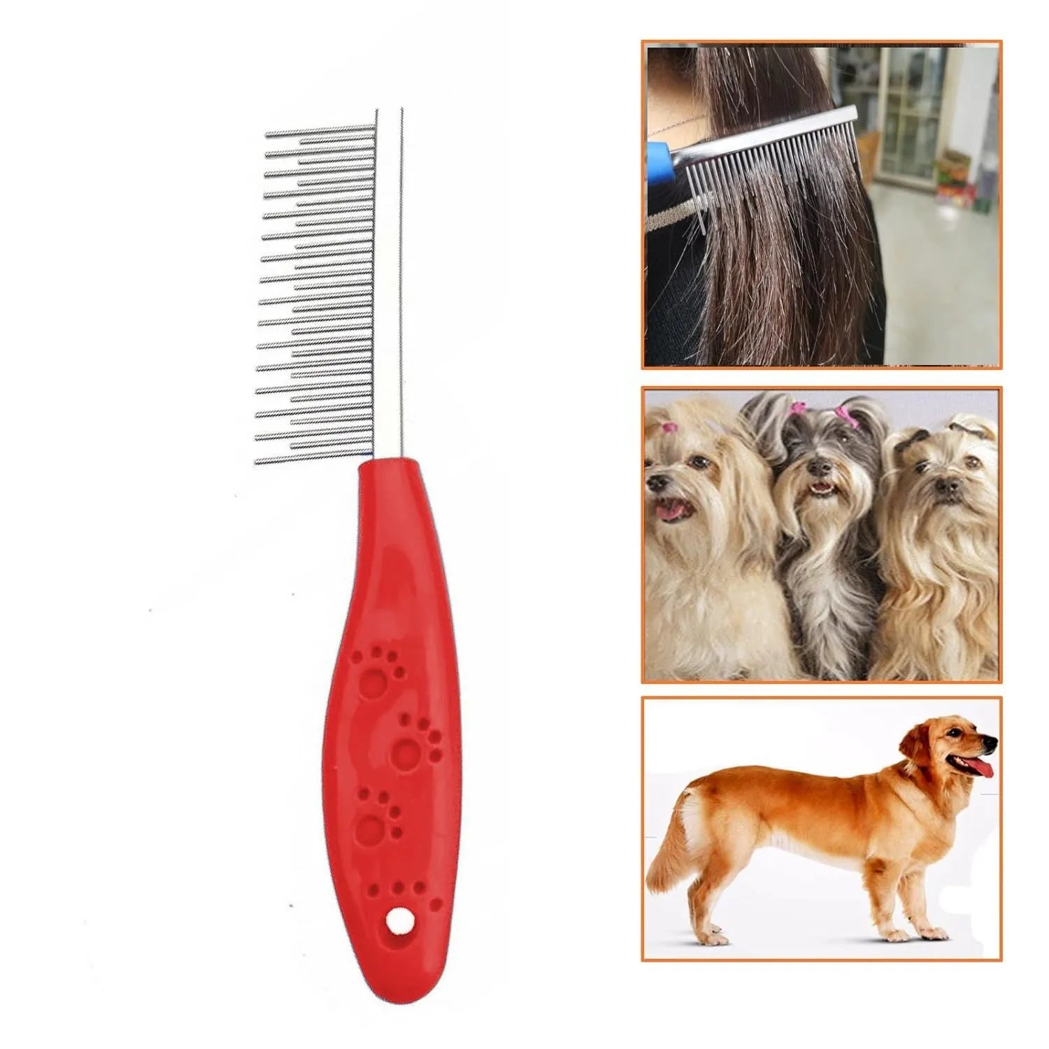Red pet grooming comb with dual-length stainless steel teeth and an anti-slip plastic handle.