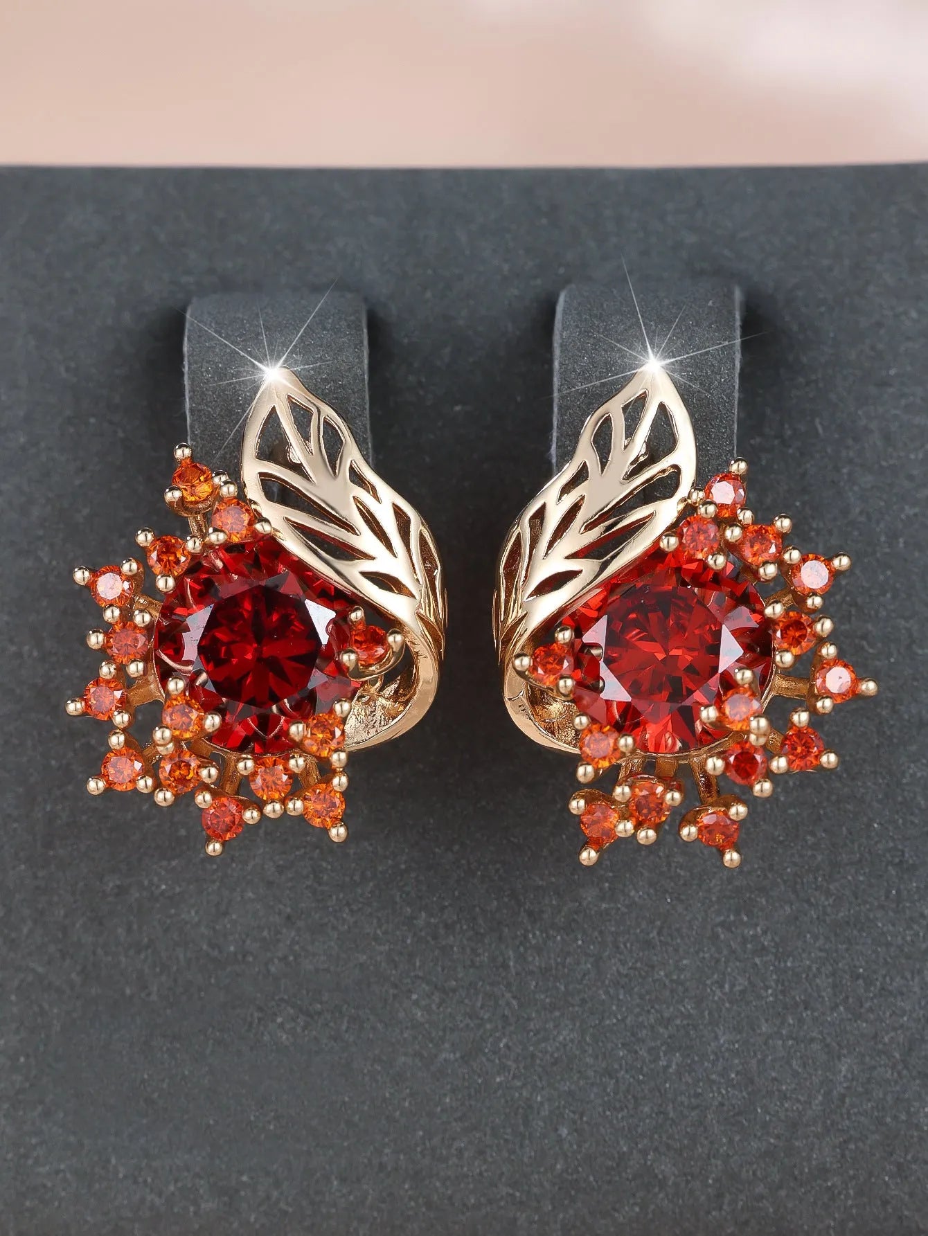 Round flowers feather zircon earrings with champagne gold electroplating and multiple diamond colour options