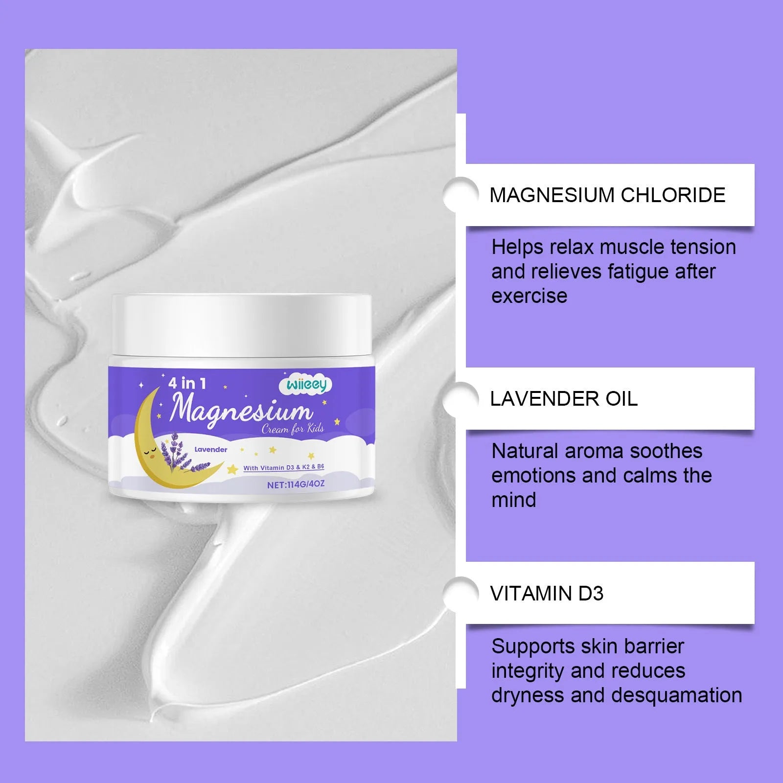 Jar of kids magnesium cream with vitamins and lavender oil, net content 114g