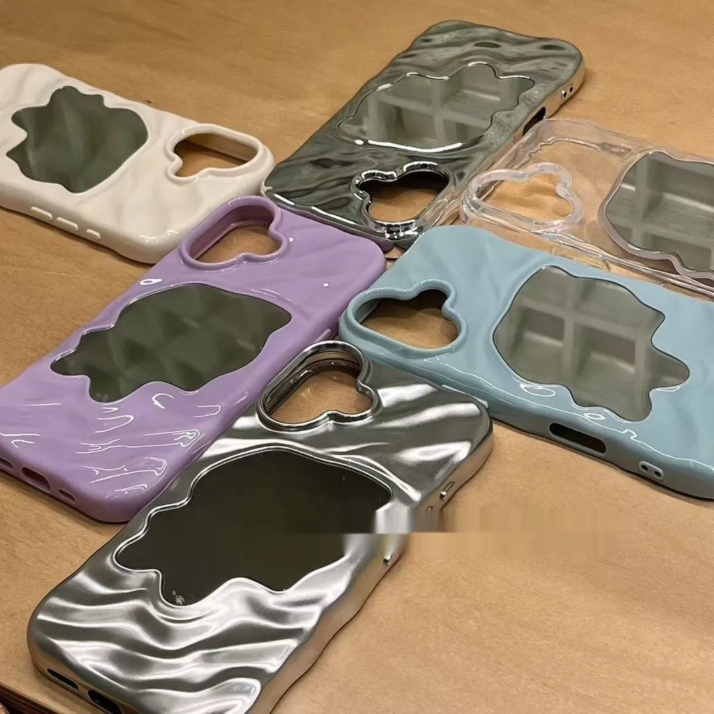 Solid colour iPhone case with a water ripple texture and a reflective mirror back, shown in a beige colour option.