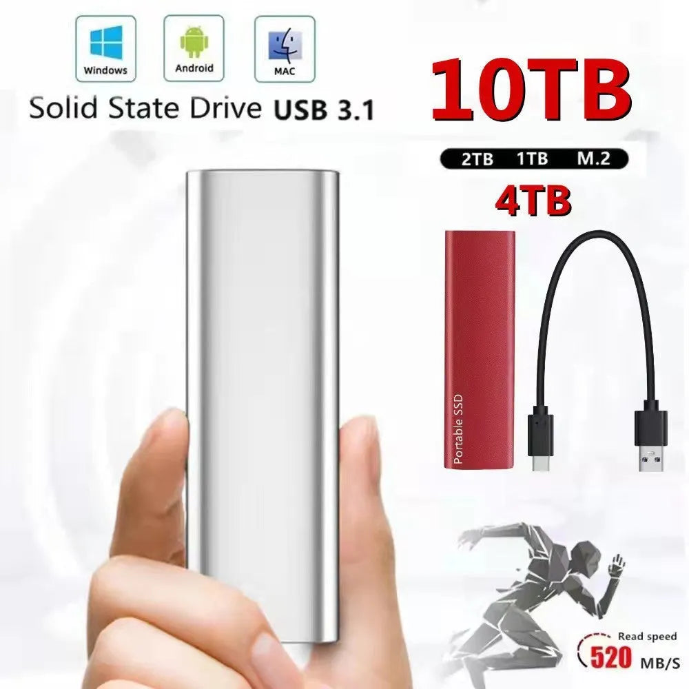 External mobile SSD hard drive with ultra-thin metal casing showing red interface connector