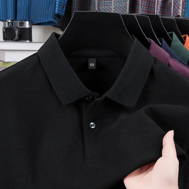 Men's casual polo collar short sleeve top in mercerized cotton, available in multiple solid colours