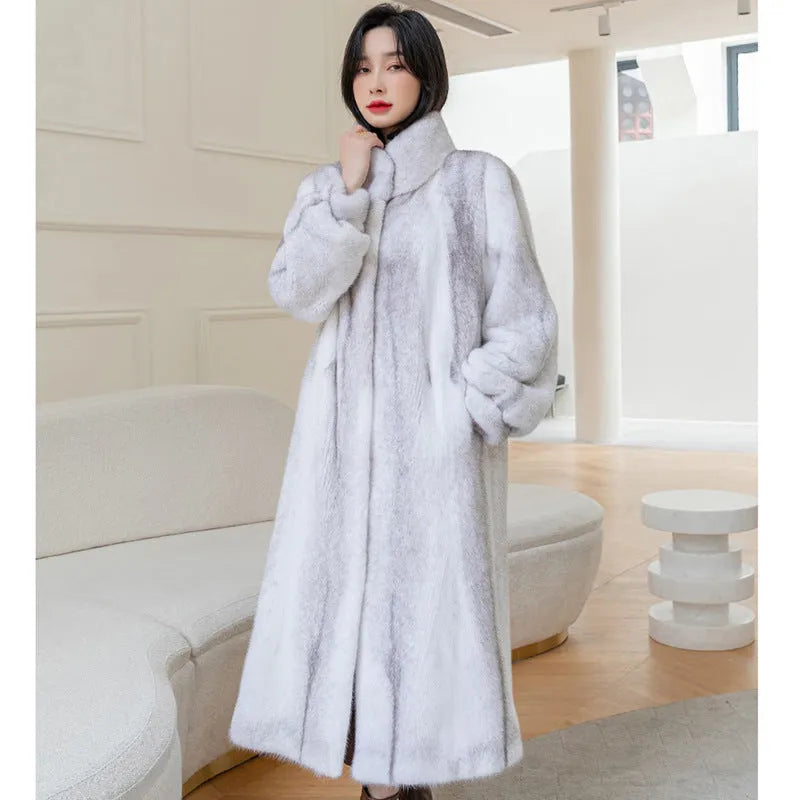 White women's faux fur coat with a stand-up collar and regular sleeves