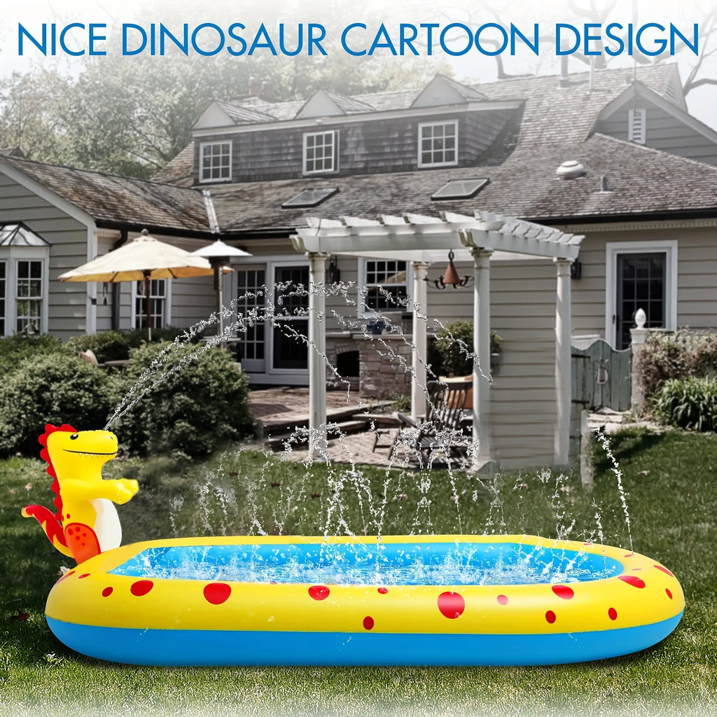 Blue dinosaur-shaped inflatable water spray pool with shark design features for kids outdoor play