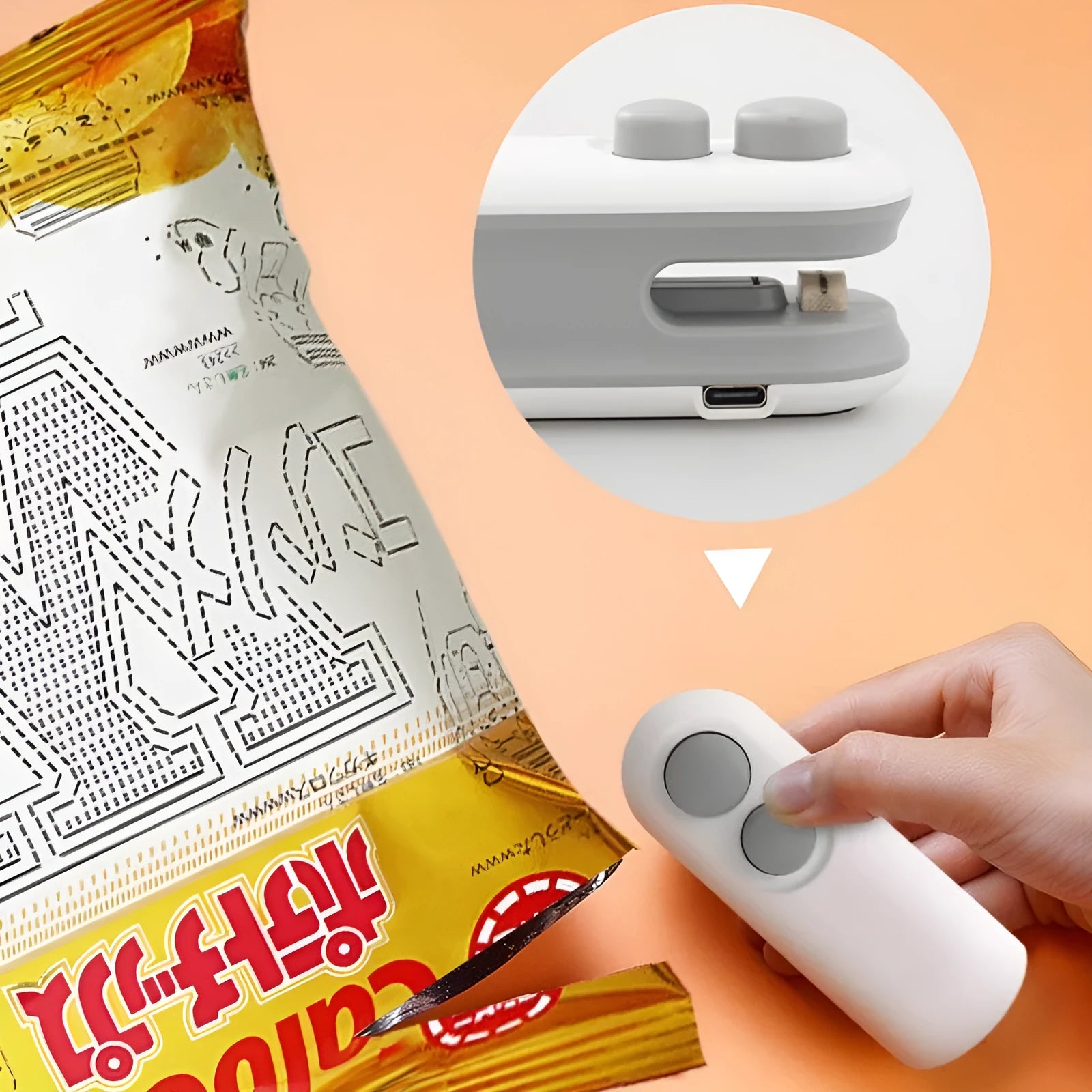 White handheld vacuum sealing machine with USB charging port and magnetic back for chip bags