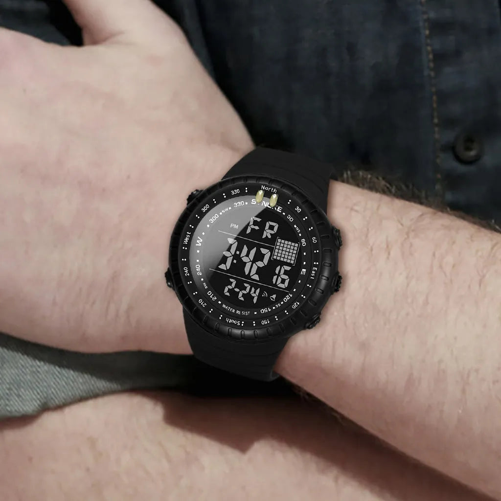 Black men's waterproof outdoor watch with a large round dial and a long PU strap.