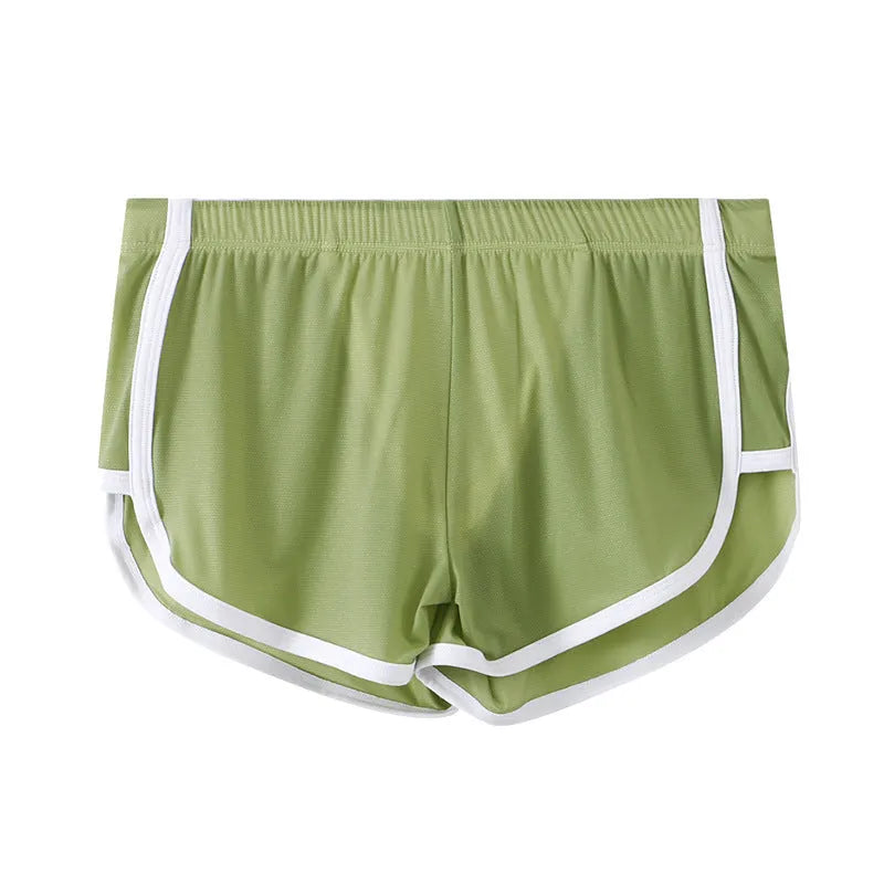 Men's ice silk nylon mesh boxer shorts in low-waist sports design, shown in multiple colours.