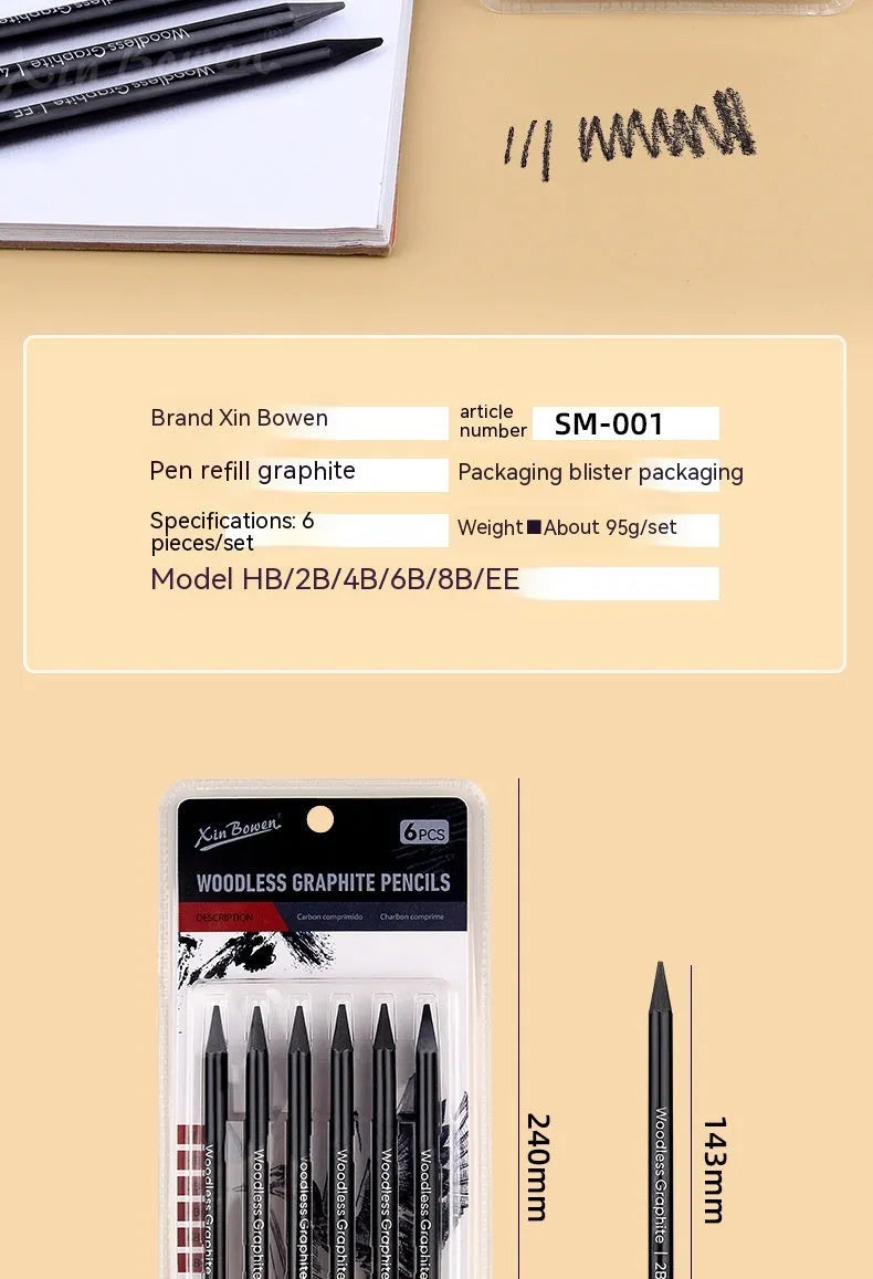 Set of six wood-free graphite sketching pencils with grades HB, 2B, 4B, 6B, 8B, and EE.