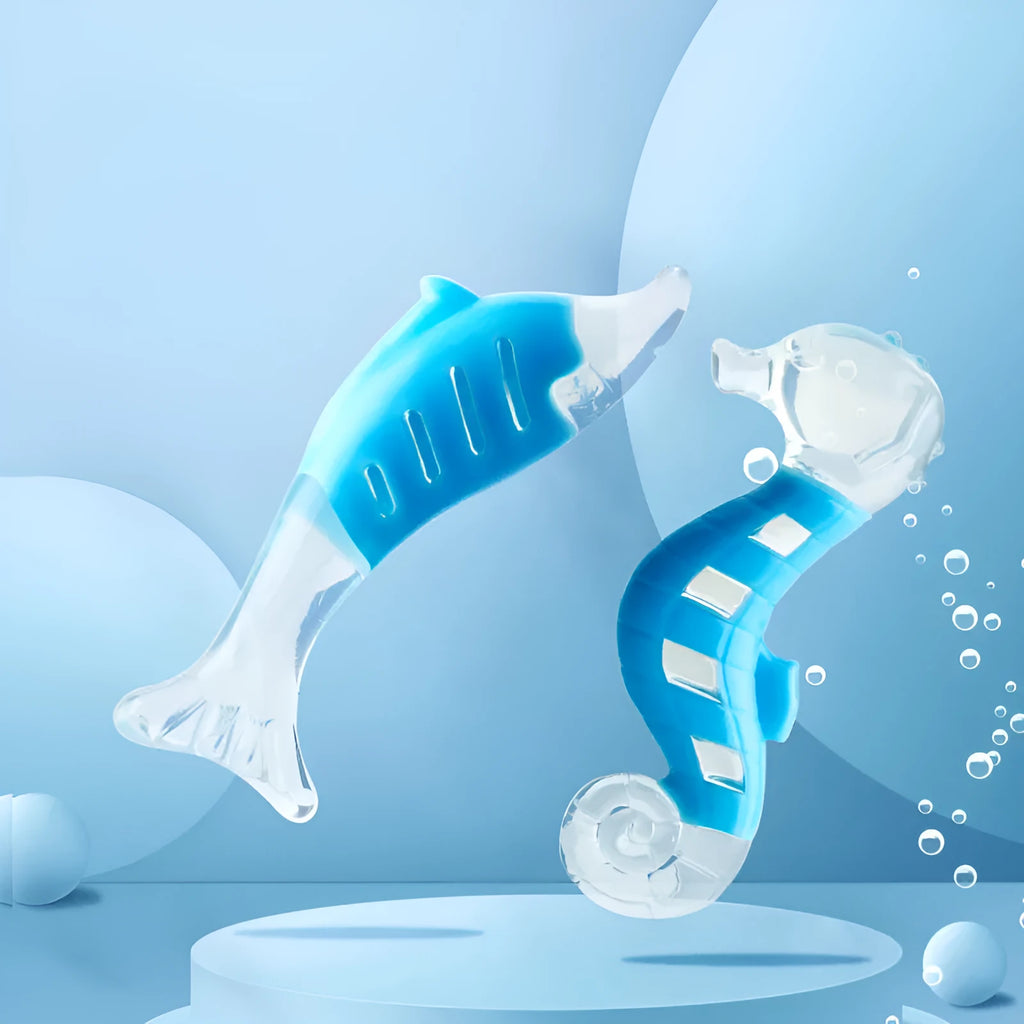 Two PU nylon dog chew toys: one seahorse shape and one tuna shape, for small breed puppies.