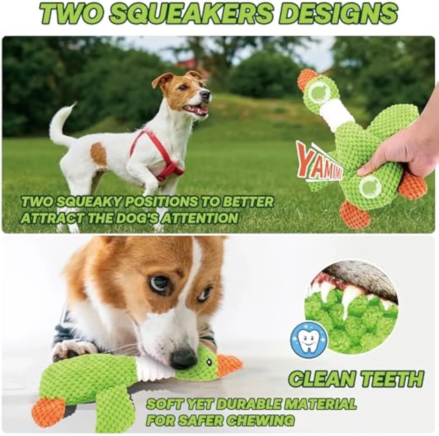 Blue duck plush dog toy with squeakers for large breed dogs on white background