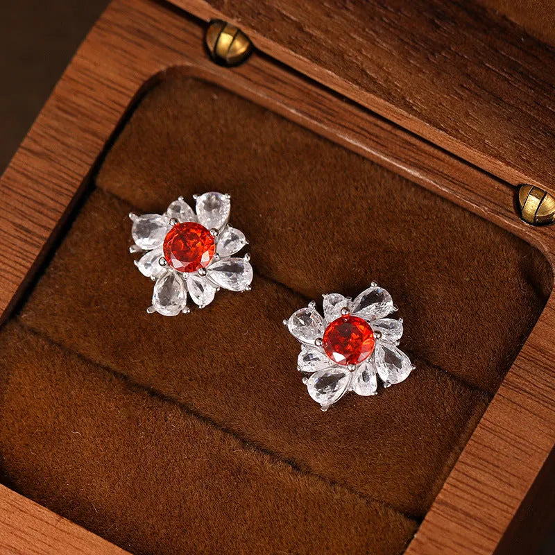 Retro geometric women's earrings in sterling silver with white gold electroplating and pigeon red tones