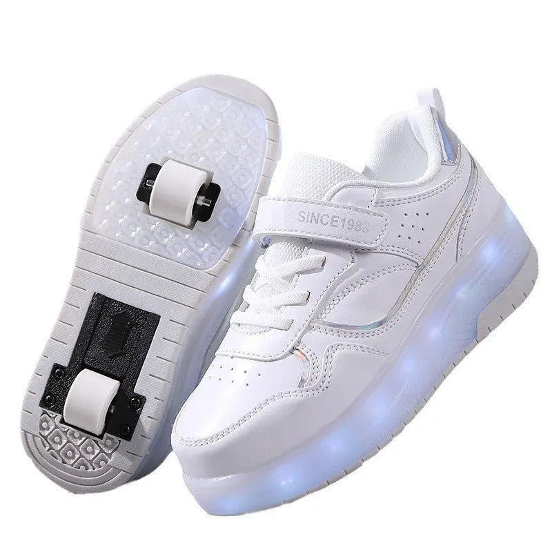 Children's LED flash roller skates in black, pink, purple, and white, showing 2-wheel and 4-wheel options.