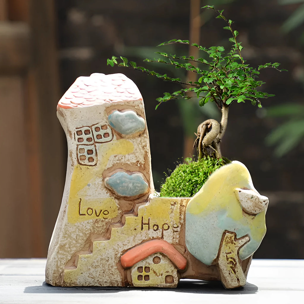 Hand-painted ceramic combination flower pot with 20cm diameter in cute pastoral design