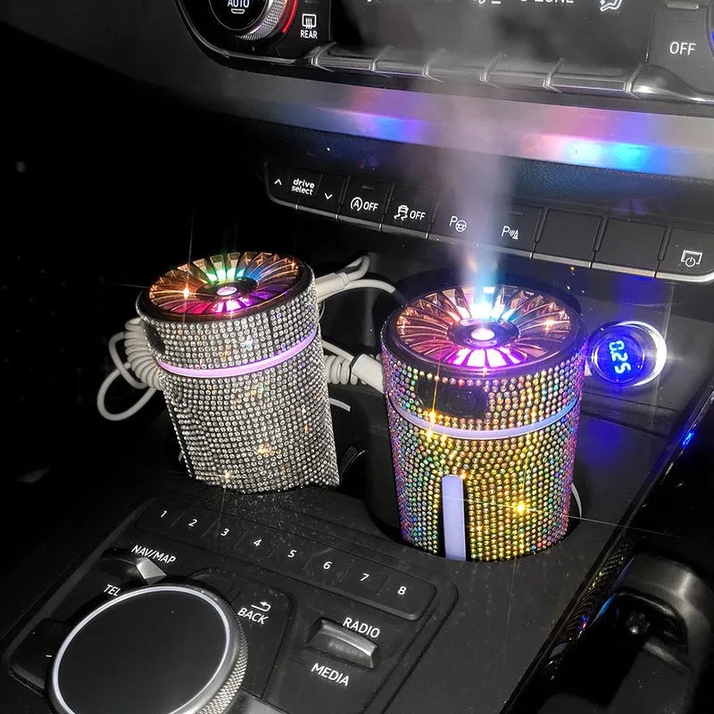Diamond design car humidifier with LED lights showing colourful mist emission