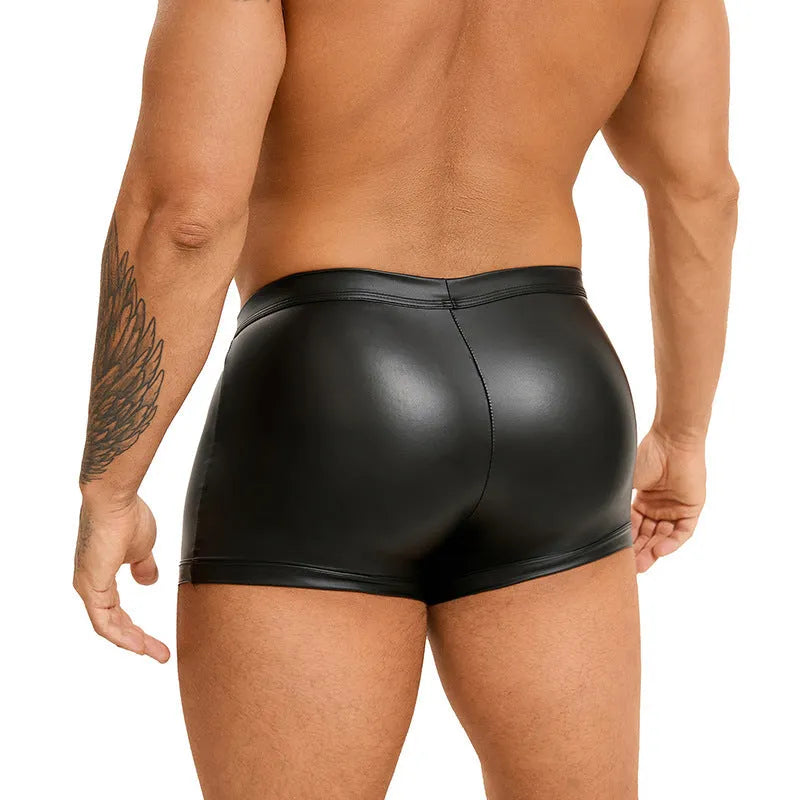 Black men's PU leather boxer shorts with U-pouch front design showing smooth texture