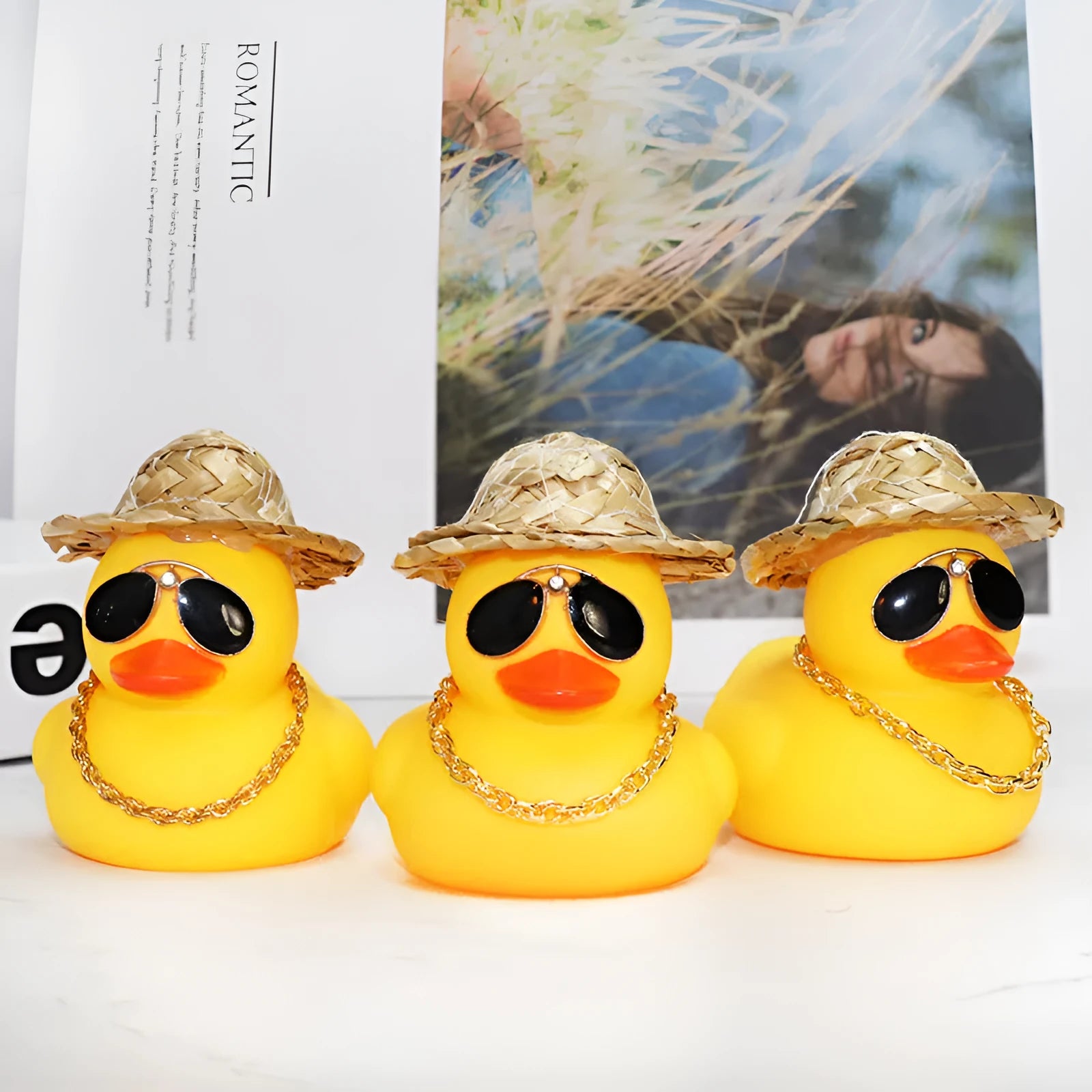 Straw hat yellow duck car dashboard ornament with matte finish and included accessories